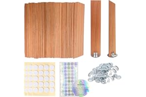 Ziosxin 50pcs Thicken Smokeless Cherry Wood Candle Wicks-Long Lasting Flame-Easily Burn, Natural Candle Cores with Stand and Glue Dot, Warning Label (W:13cm/5.1",H:2.5cm/1",D:1.2mm/0.047")