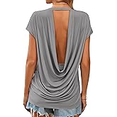 LilyCoco Womens Backless Shirt Draped Cowl Back Top Summer Sexy Open Back Blouse