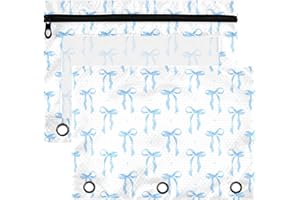 WAMIKA Blue Ribbon Bowknot Binder Pouches 3 Ring for Boys Girls School Office College Supplies Bow Tie Doodle Pattern White Pencil Pouches Case Bag with Clear Window and Zipper 2 Pack