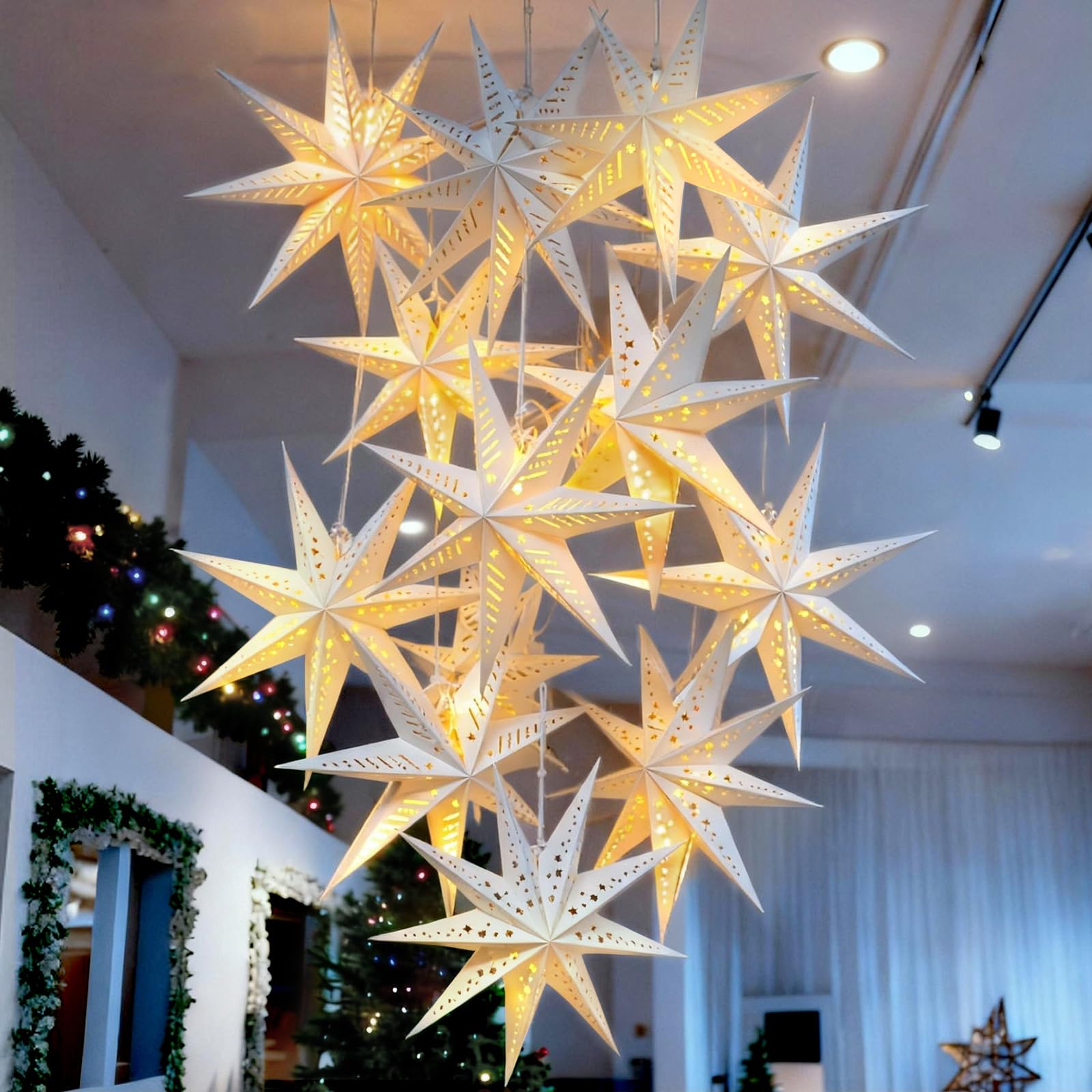 Photo 1 of 12Pcs Paper Star Lanterns with Lights, 3D 7/9 Pointed Christmas Paper Lanterns Decorative Christmas Hanging Lamp Shades Foldable for Xmas Winter Wedding Party Home Decor Indoor, 13.78"/11.8", White