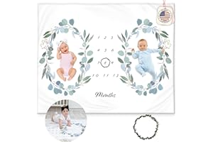 KEMINA BLANKETS Twins Baby Monthly Milestone Blanket – Soft Fleece Baby Month Blanket – Eucalyptus Leaves Design – Gender Neutral for Twin Boys or Girls, Baby Shower Nursery Decor, Twin Baby Essentials, 50x40