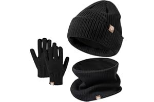 Kids Winter Hat Scarf Gloves Set - Thermal Knitted Beanie with Soft Fleece Neck Warmer for Children Aged 2-8