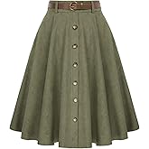 Belle Poque Women's Knee Length Corduroy Skirt Vintage Stretch High Waist A-Line Midi Skirt with Pockets & Belts