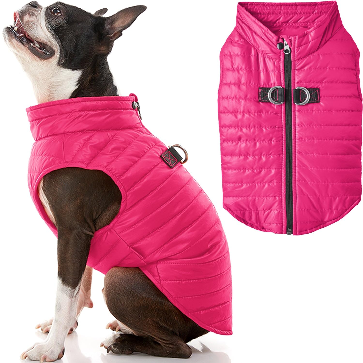 GOOBY Puffer Vest Dog Jacket - Pink, Large - Ultra Thin Zip Up Wind Breaker with Dual D Ring Leash - Water Resistant Small Dog Sweater Coat - Dog Clothes for Small Dogs Boy or Medium Dogs