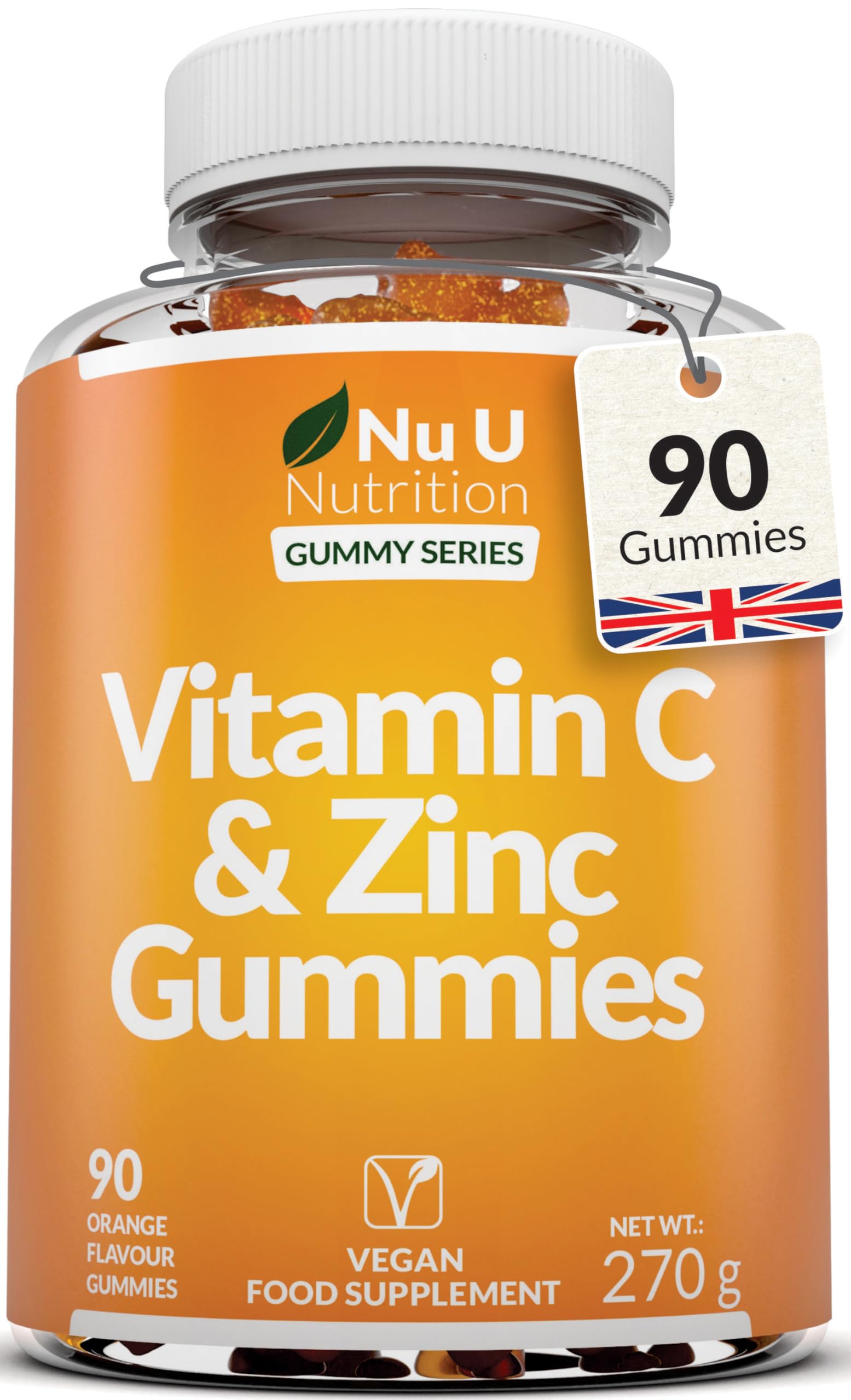 Nu U Nutrition - Vitamin C and Zinc Gummies - 90 Vegan Gummies - 120mg Vitamin C & 12mg Zinc per Serving - Natural Orange Flavour - Made in the UK