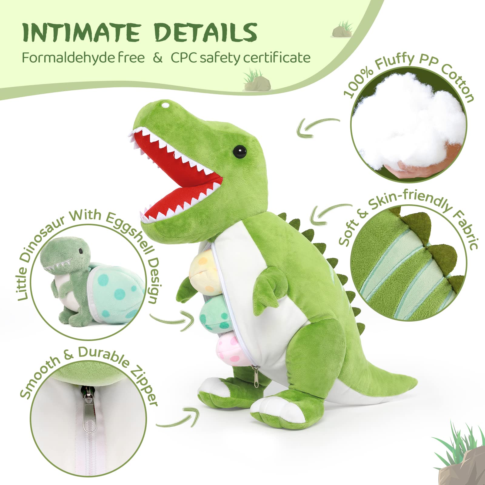 MorisMos 60cm hoch riesen Dino Kuscheltier XXL mit 3 Baby im Bauch, groß Dinosaurier Plüschtier Stofftier, weich Dino Spielzeug Plüschdino für Kleinkind Jungen Weihnachten Geschenk 5