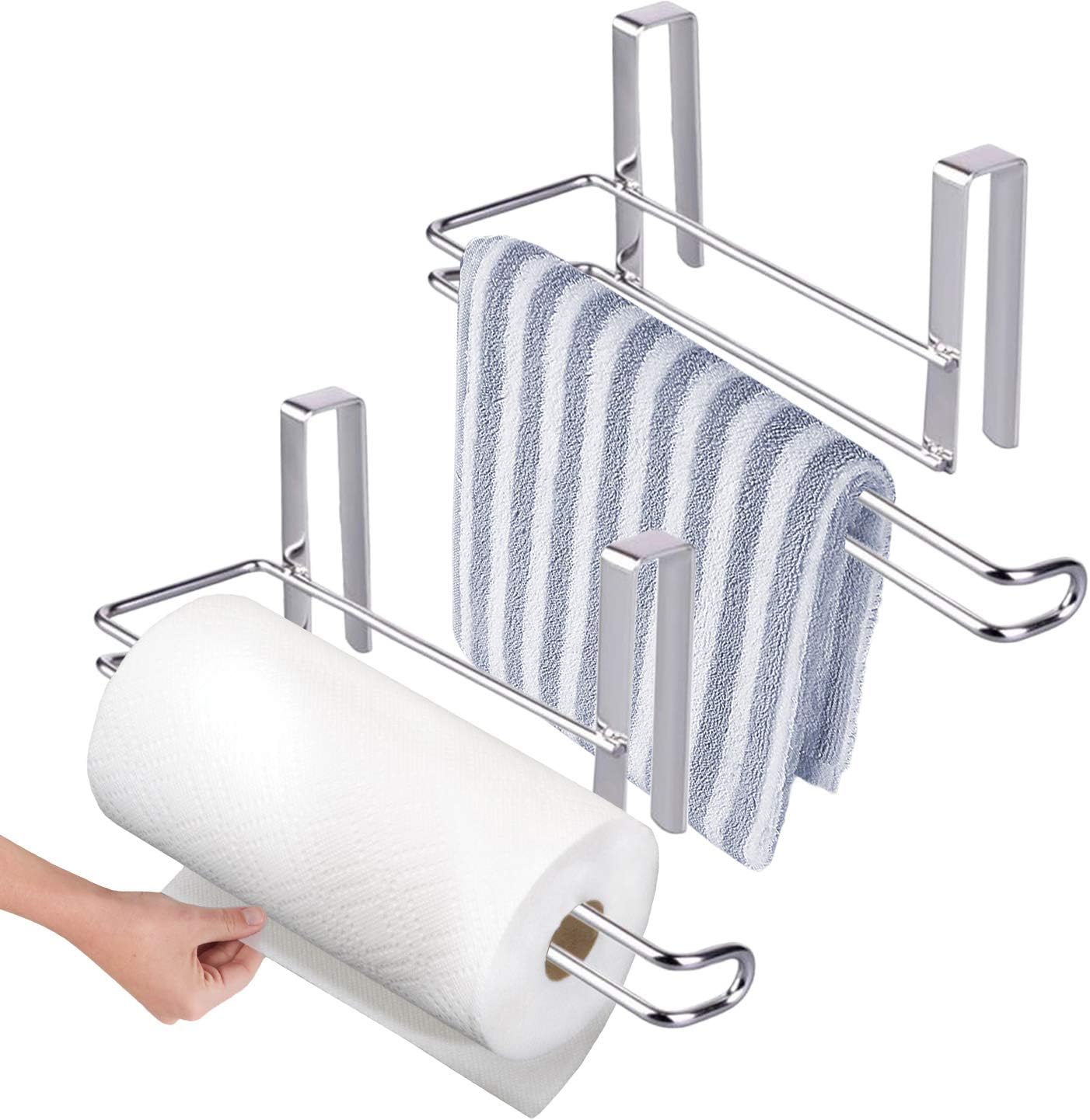 2 Pcs Paper Towel Holder, Large Size Hanging Paper Towel Holder Under Cabinet, Humanized Design Stainless Steel Roll Paper Towel Rack Hanger Over The Door Kitchen