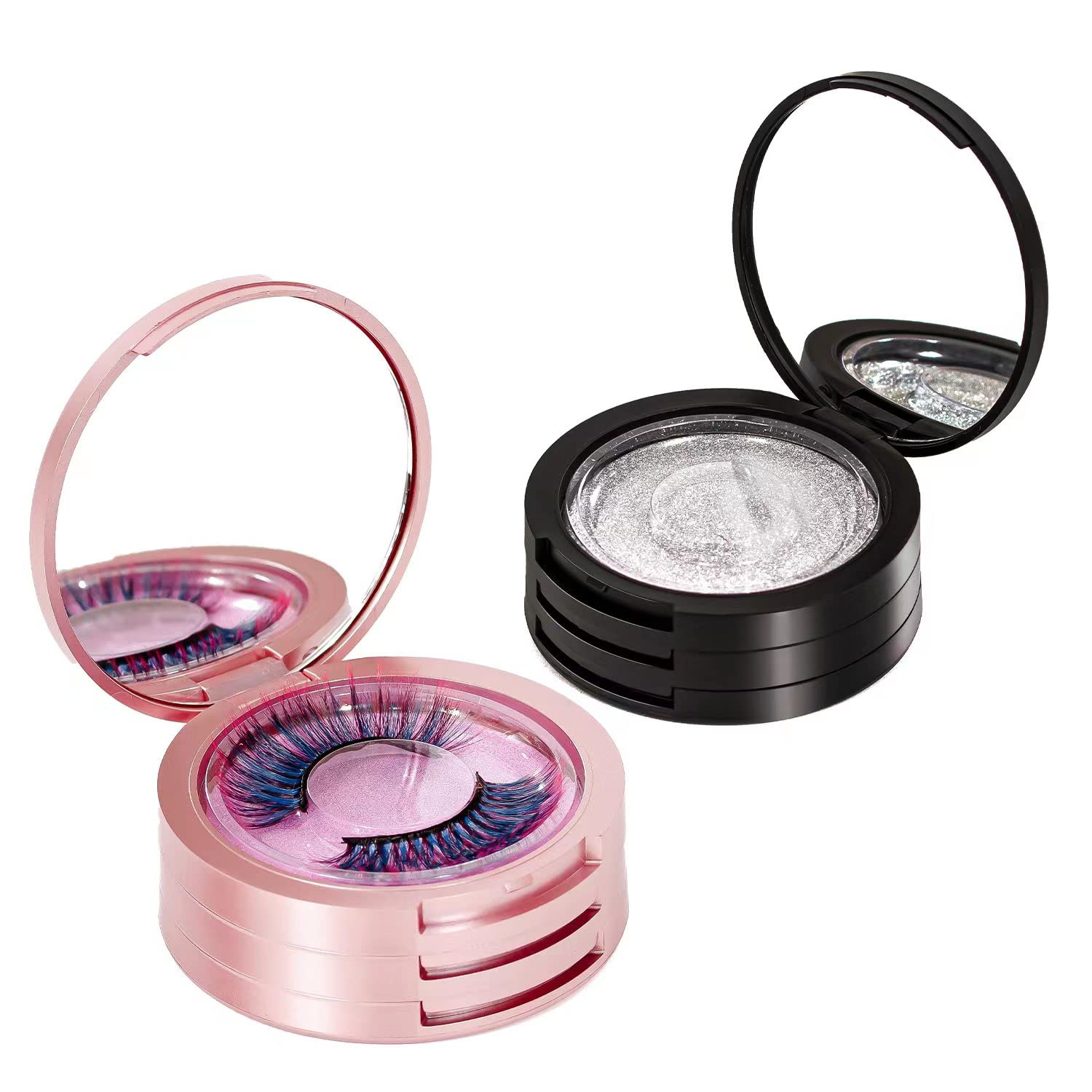 Photo 1 of YiQiYi Eyelash Storage Box-2 Pack Eyelash Holder Case with Mirror 3Layers Circle Eyelash Box with Lash Holder Empty Makeup Case Travel for Women and Girls(Black,Rose Gold)