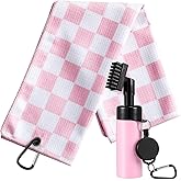 Liliful Pink and White Checkered Golf Towel Pink Cleaner Water Brush Set, Microfiber Waffle Towel Golf Accessories Kit Club Supplies for Birthday Valentine's Day Women Ladies Gifts