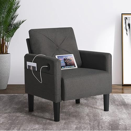 Living Room Accent Chair Comfy Single Sofa Chair Linen Fabric Armchair w/  USB Charging Ports Office Chair Reading Chairs for Living Room, Bedroom