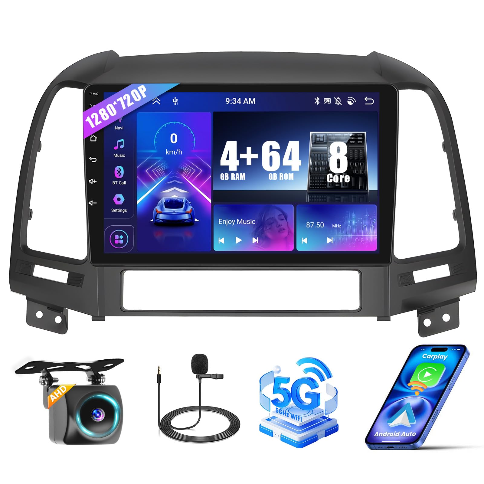 Photo 1 of [8 Cores 4+64G] Radio for Hyundai Santa Fe 2006-2012, 9'' HD Touchscreen for Santa Fe Stereo with Wireless CarPlay /1280 * 720/GPS Navigation/WiFi/Mirror Link/Bluetooth5.0 + Backup Camera