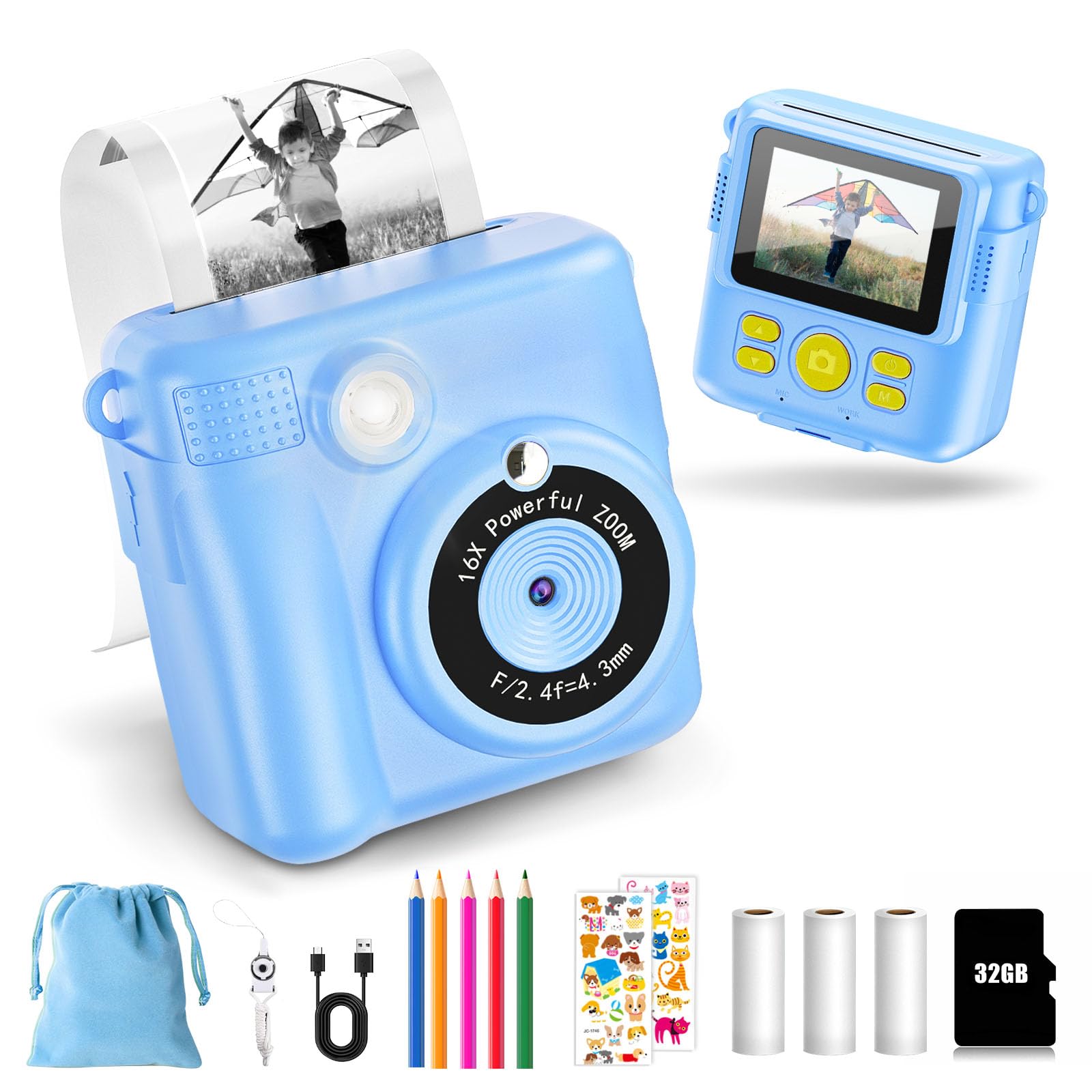 Instant Camera Digital Camera Print 1080P - 16x Digital Zoom 2.4 Inch Screen - 32GB Card - 3 Rolls of Printing Paper - with Storage Bag for Children 3-12 Years