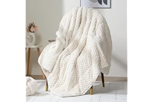 Wemore Fleece Weighted Blanket for Adults (60" x 80" 15lbs, Cream White), Dual Sided Cozy Soft Sherpa Heavy Blanket with 3D Imitation Turtle Shell Warm Jacquard Flannel for Couch and Bed