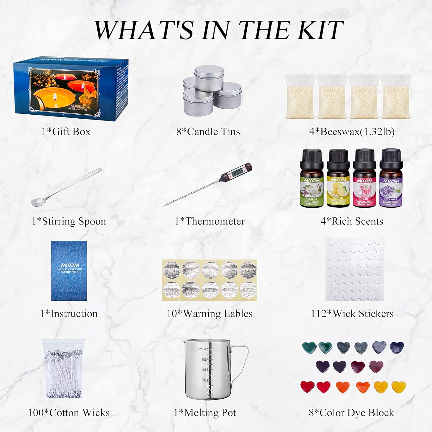 Complete Candle Making Kit, DIY Candle Making Kit for Adults, Candle Making Supplies Kit Including Beeswax, Wicks, Rich Scents, Dyes, Melting Pot, Tins