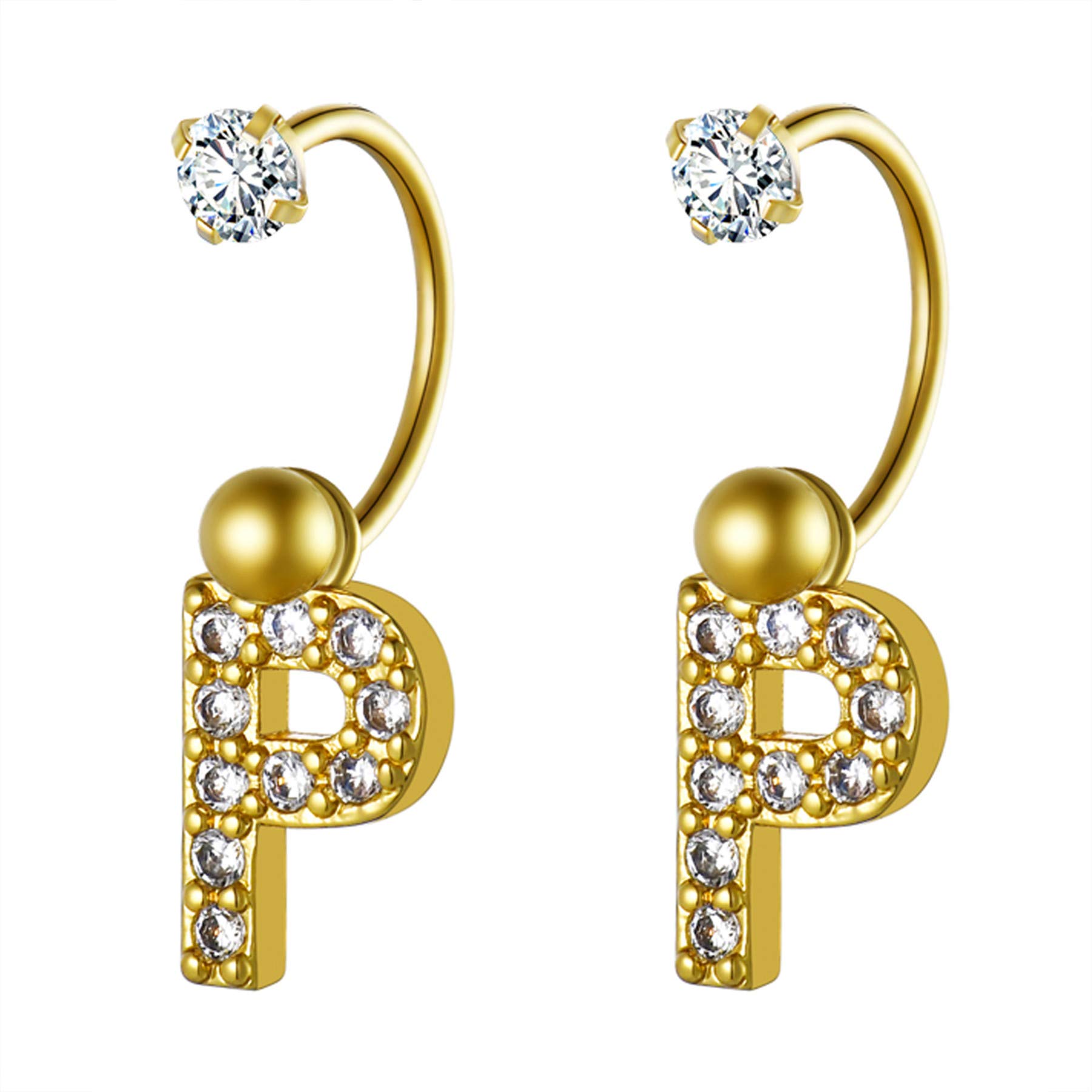 Cupimatch Zircon Dangle Circular Barbells Stud Earrings Alphabet 26 Initial Letters Stainless Steel Navel Button Rings jewelry Gift for Women Girls