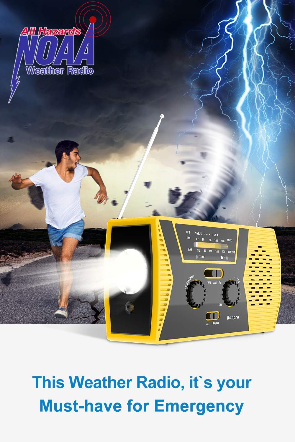Emergency Radio 2020 New Version Bonpro Weather Radio with Solar and Crank Charger with Flashlight, Reading Lamp and 2000mAh Power Bank NOAA Weather Radio: Home Audio & Theater