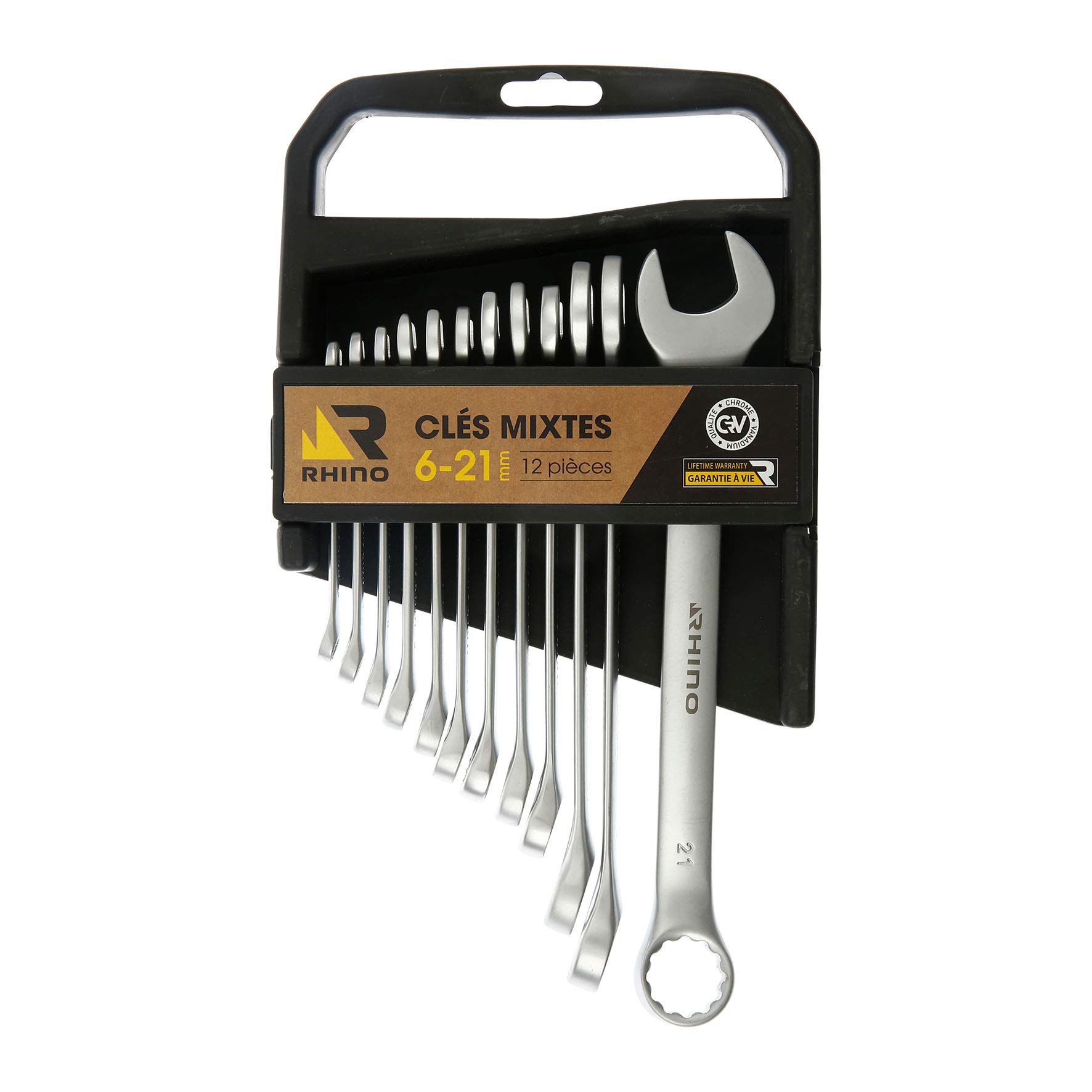 Rhino Combination Spanners, Set of 12 Combination Spanners/Set of 12 Combination Spanners, Ring Spanner/Forks – Made of High Quality Steel (Chrome Vanadium) – Diameter: 6 to 21 mm