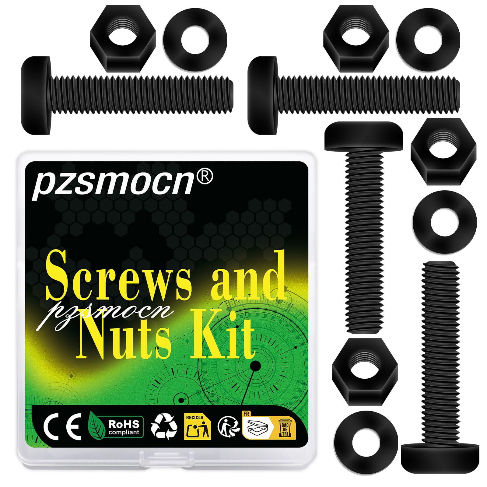 Pzsmocn 300 Pieces/100 Sets M4*30 mm Plastic Black Nylon Cross Round Head Screw Hexagonal Nut Combination Kit, with Insulating Washers, Standard Size, For DIY and Electronic Assembly.