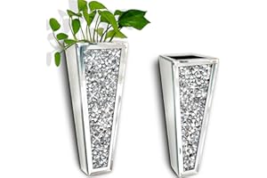 XIHACTY Flower Vase Large Size Diamond Mirrored Hanging Planter& Geometric Decor Mirrored Container,Silver Decorative Mirror Vase Luxury for Home Decor.befit for Faux Plants.Can Hold Water.(Set of 2)