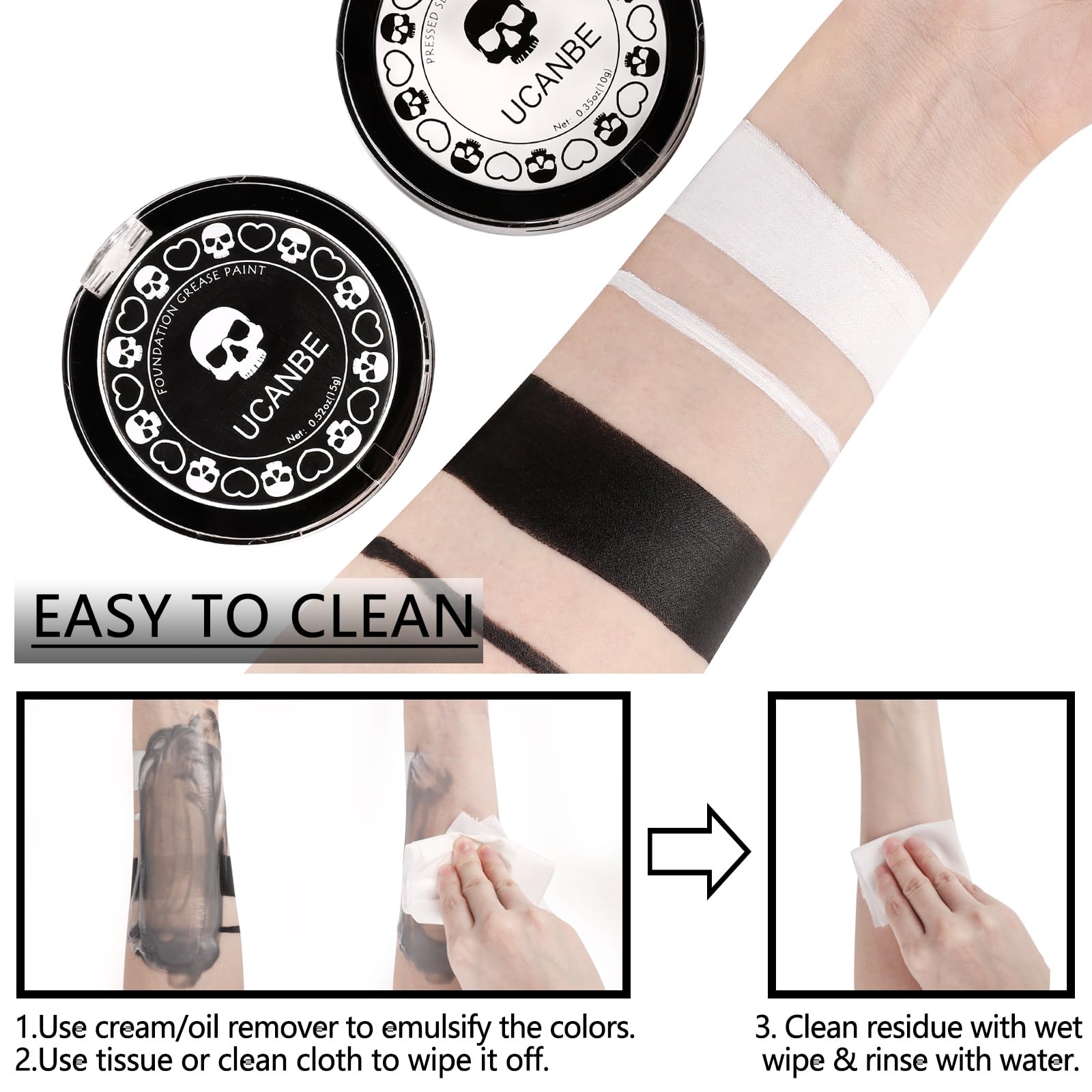 UCANBE Black White Face Body Paint with Painting Brush Kit, Cream-to-Powder Goth White Foundation + Black Greasepaint for Kids & Adult Halloween, SFX Makeup Set for Clown Skull Mime Cosplay & Costume