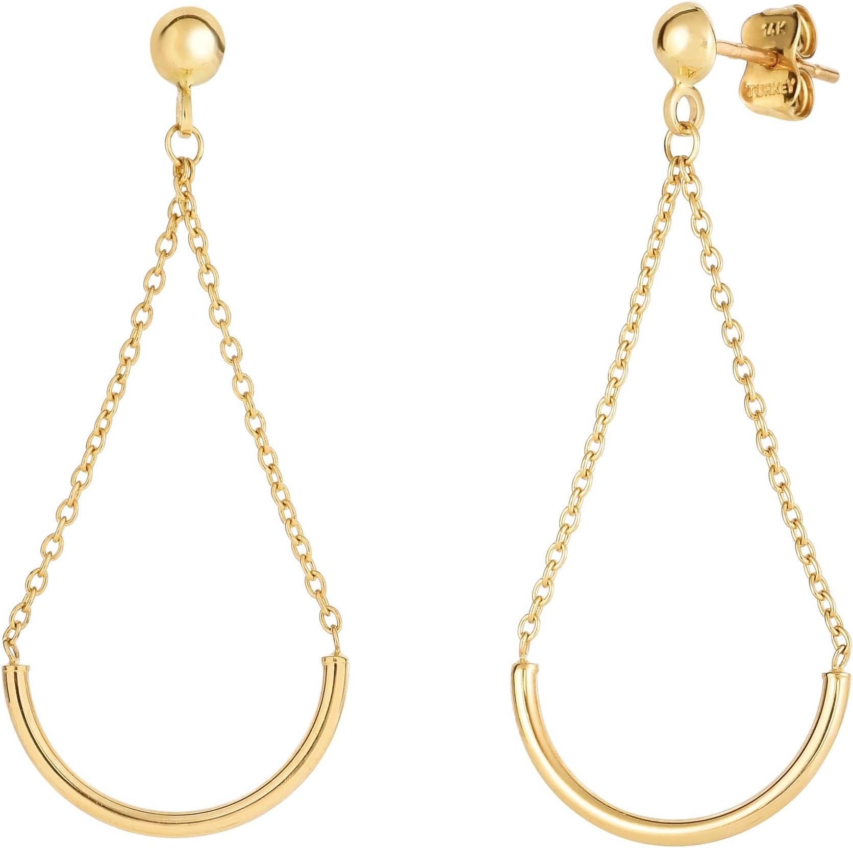 14Kt Yellow Gold 40X18mm Shiny Half Circle Hanging On Cable Link Triangle Type Drop Earring On Ball Post