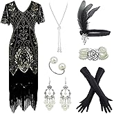 Women 1920S V Neck Sequined Beaded Gatsby Flapper Dress with 20s Accessories Set