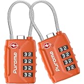 Puroma 2 TSA Approved Luggage Locks 4 Digit Code Cable Lock Robust Orange | Resettable, Flexible Cable, Zipper holes, Zinc Alloy, Bright Color, Large White Numbers, Suitcase Train Travel, laptop bag