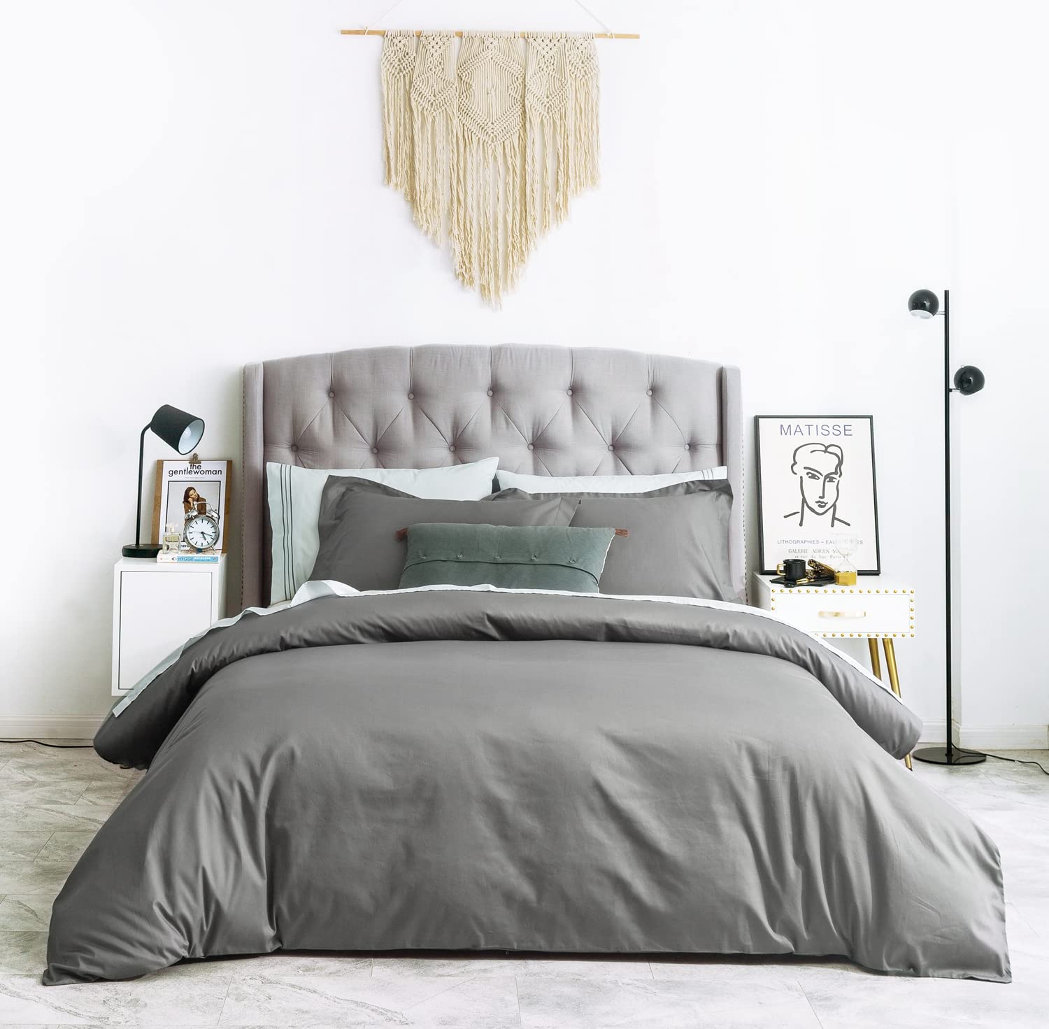SUSYBAO Grey Duvet Cover King 100% Cotton 3 Pcs Set