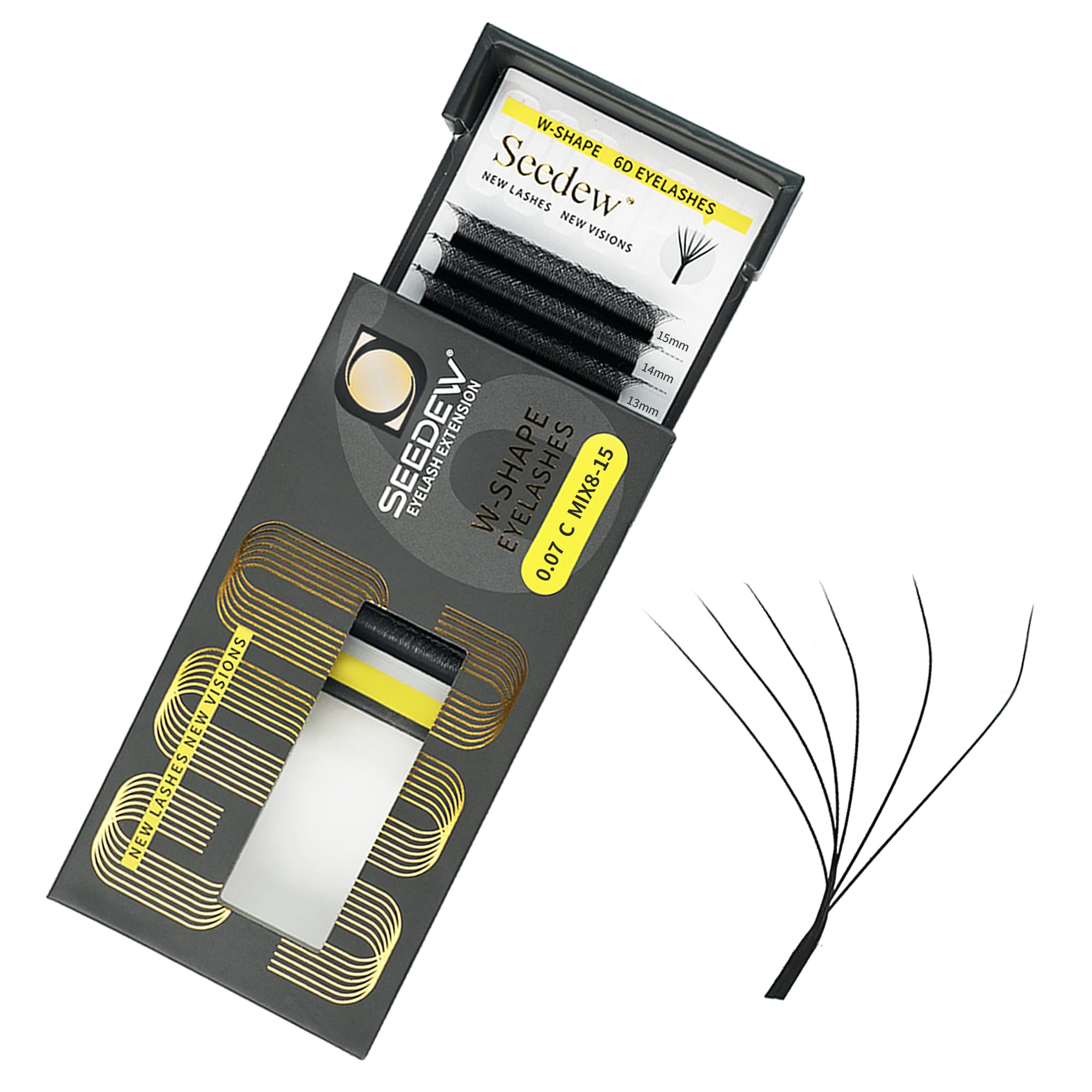 SEEDEW 6D Lash Extensions, 0.07mm C Curl MIX8-15mm 12 Rows/Tray, W Shape Flat Stem, PBT Mega Volume Eyelash Grafting for Beginner Artist, Lash Tech, Beauty Salon(6D-Matte Black-0.07-C-MIX8-15mm) — image 1