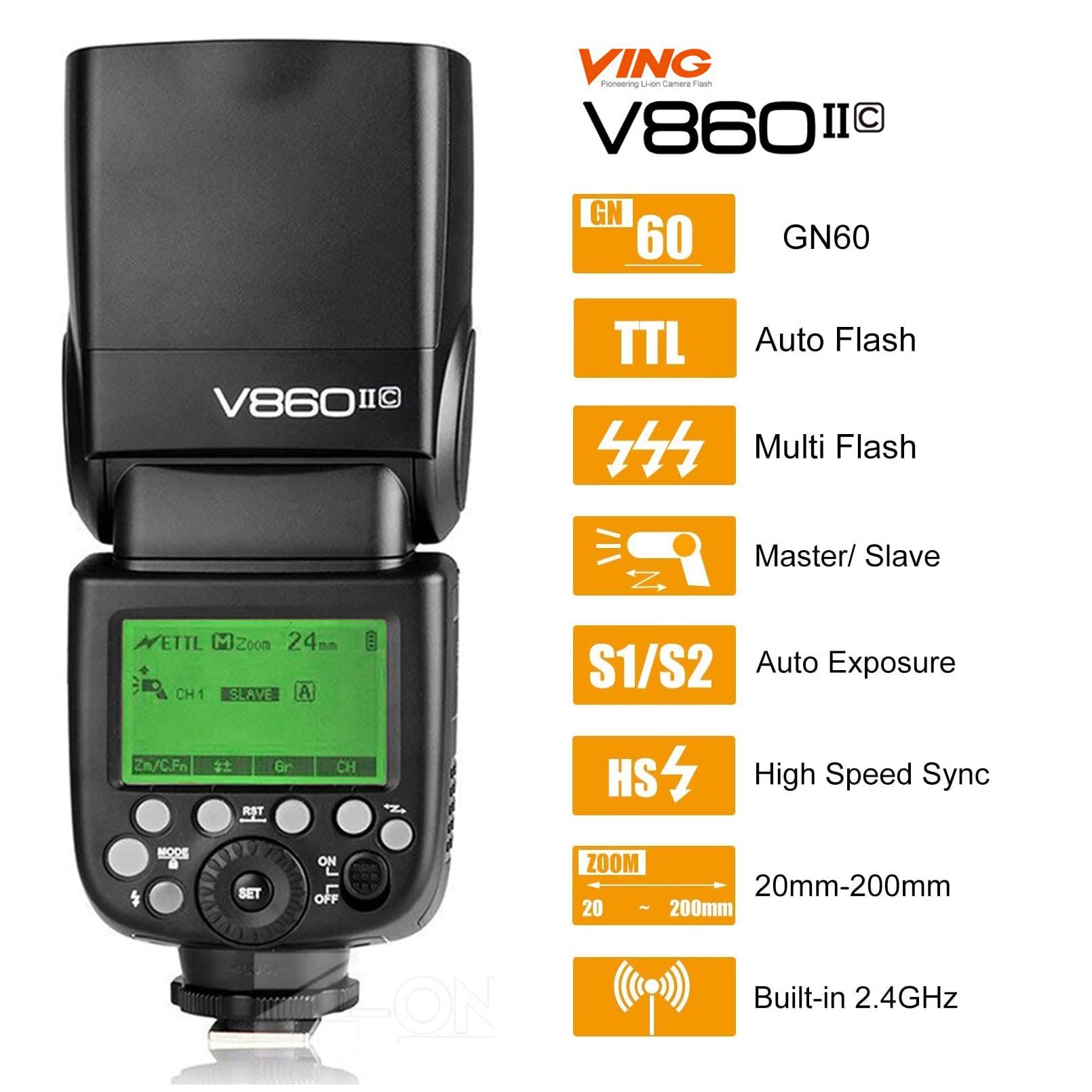 Godox V860II-C V860IIC Camera Flash Speedlite for Canon, 2.4G TTL Flash Speedlight GN60 1/8000s HSS, Rechargable Li-ion Battery, 650 Full Power Flashes, External Flash Compatible for Canon EOS Cameras