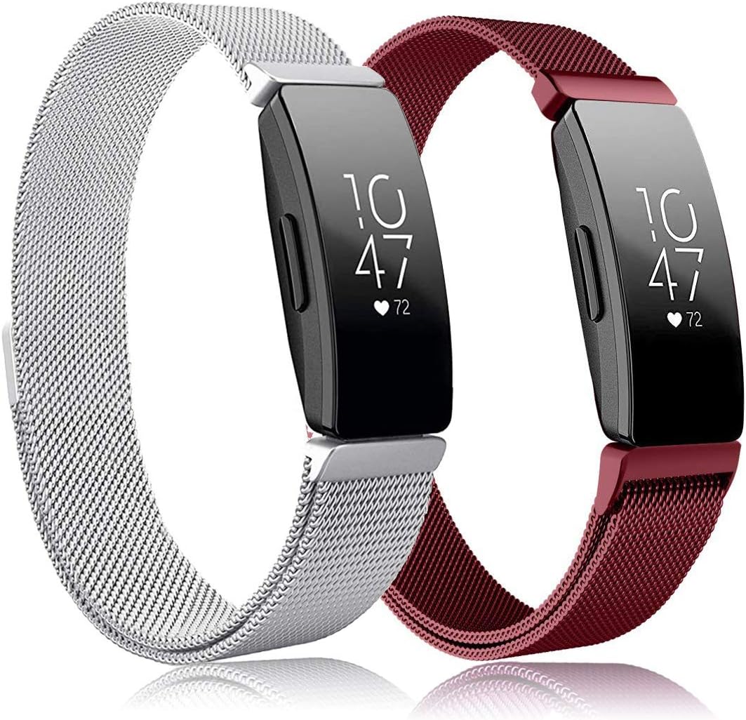 Intoval Bands Compatible with Fitbit Inspire HR Bands/Fitbit Inspire Bands, Stainless Steel Replacement Bands for Men Women (Small, Silver+ Sangria)