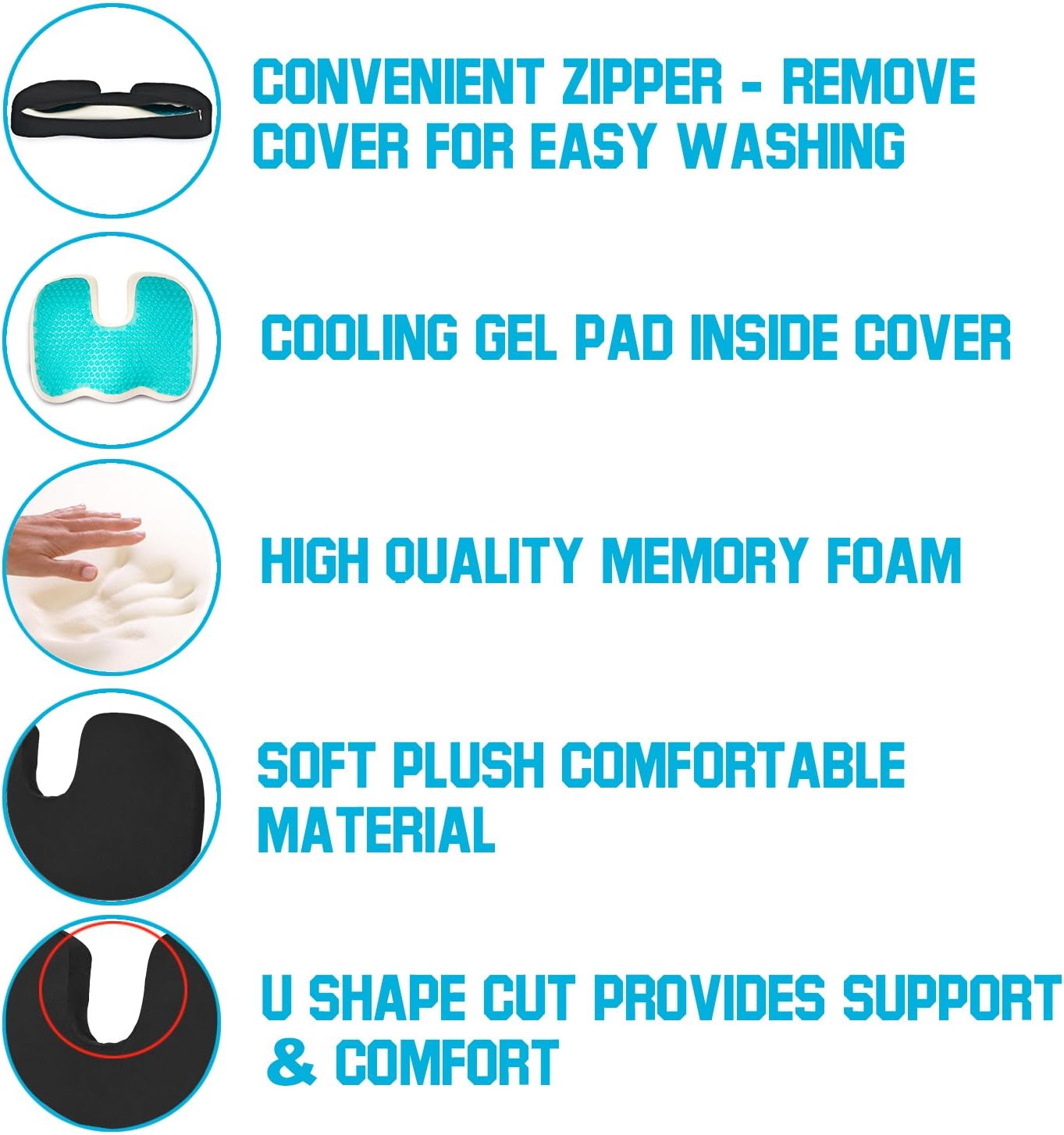 Seat Cushion Car Office Chair - Memory Foam Gel-Enhanced, Ergonomically & Large Designed Pillow for Sciatica, Tailbone, Coccyx Back Pain, And Relief, Comfort - Seat Cushion Car Office Chair - Black: Home & Kitchen