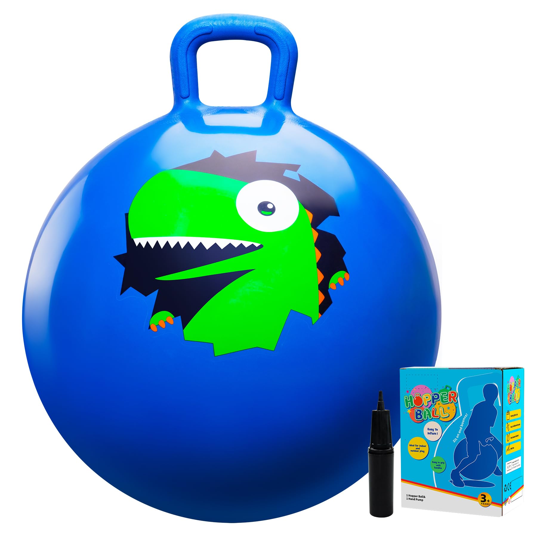 Vastoy 20 Inch Space Hopper Ball for Kids 6-9 Years - Anti-Slip Space Hopper with Hand Pump, Bouncy Inflatable Ride On Toy for Indoor Outdoor Fun, for Children (Blue Dinosaur)