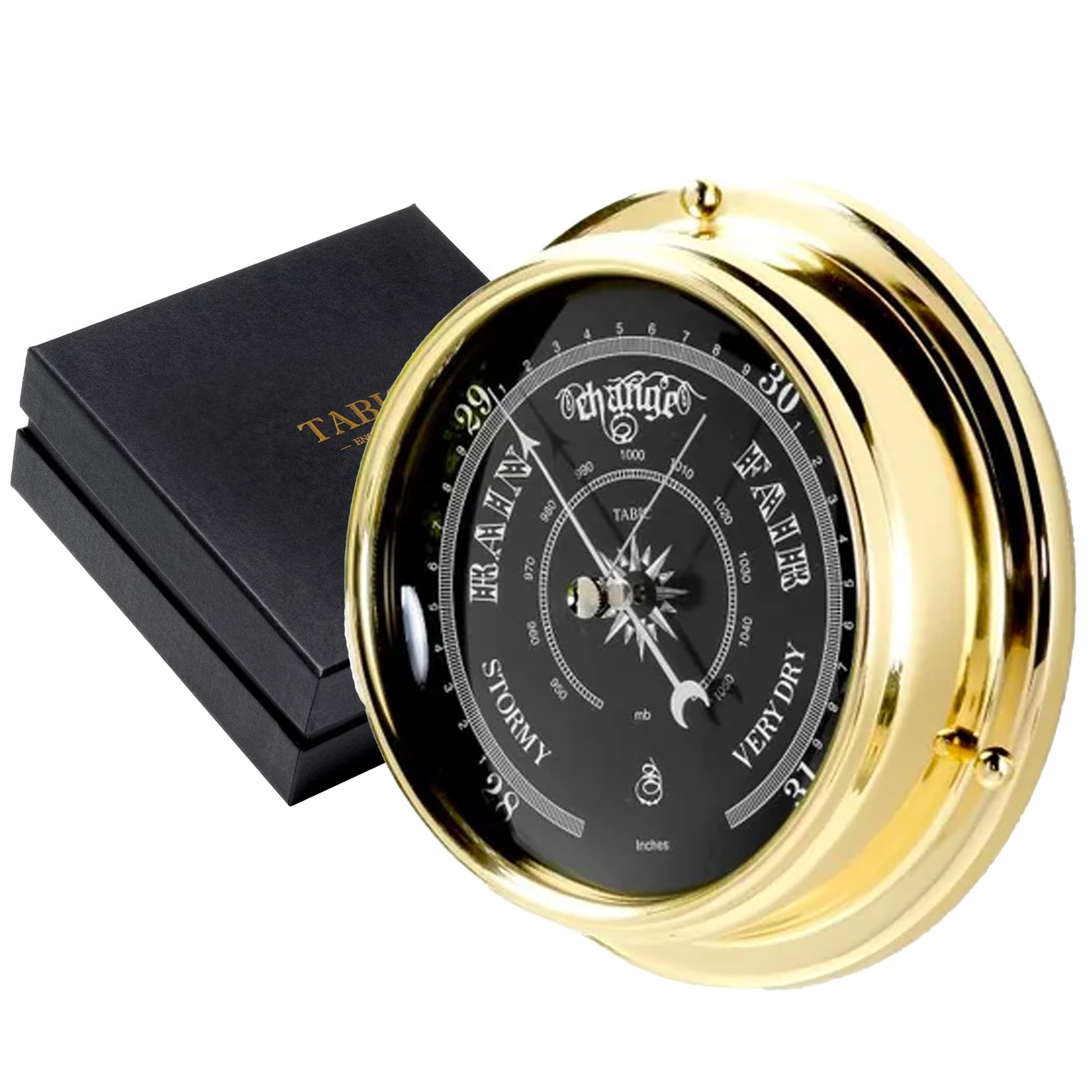 Tabic Prestige Traditional Brass Barometer - Handmade in England - Jet Black Dial and Heavy Brass Case (1/2kg) - Timeless Weather Predictor for Home and Office Decor - Combined Elegance & Precision