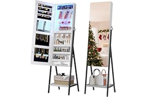 LVSOMT 3 LEDs Mirror Jewelry Cabinet, 60.4" Jewelry Mirror Full Length, Standing Lockable Jewelry Armoire Organizer, Floor Mirror with Storage for Jewelry Cosmetics, White