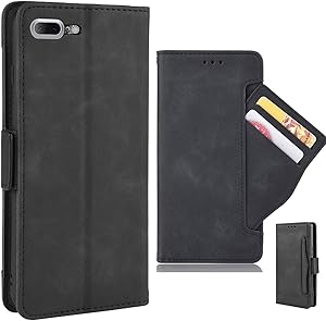 iPhone 7 8 Plus PU Leather Kickstand Wallet Phone Case, Flip Magnetic Cover with Card Slot and Removable Card Holder (5 Colors, Black)