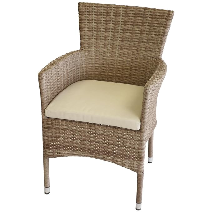 Wohaga Stapelbarer Polyrattan Gartensessel Rattansessel Gartenstuhl Nature inkl. Sitzkissen Beige Terrassenmöbel Balkonmöbel 