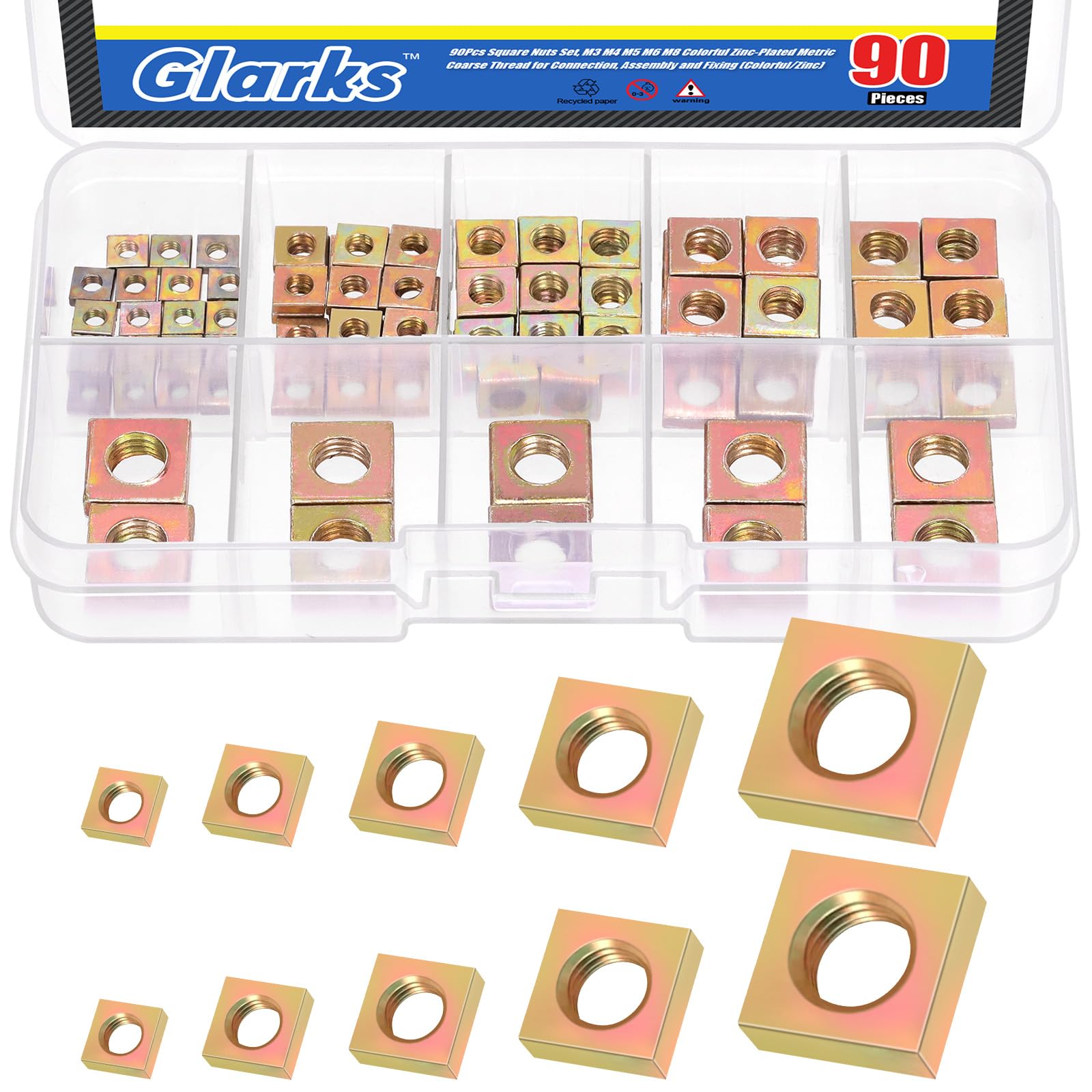 Glarks 90pcs Carbon Steel Square Nut Set M3 M4 M5 M6 M8 Yellow Zinc Plated Square Thin Nut Square Machine Screws Nut Metric Coarse Thread Assortment Kit for Furniture Construction Mechanical Equipment