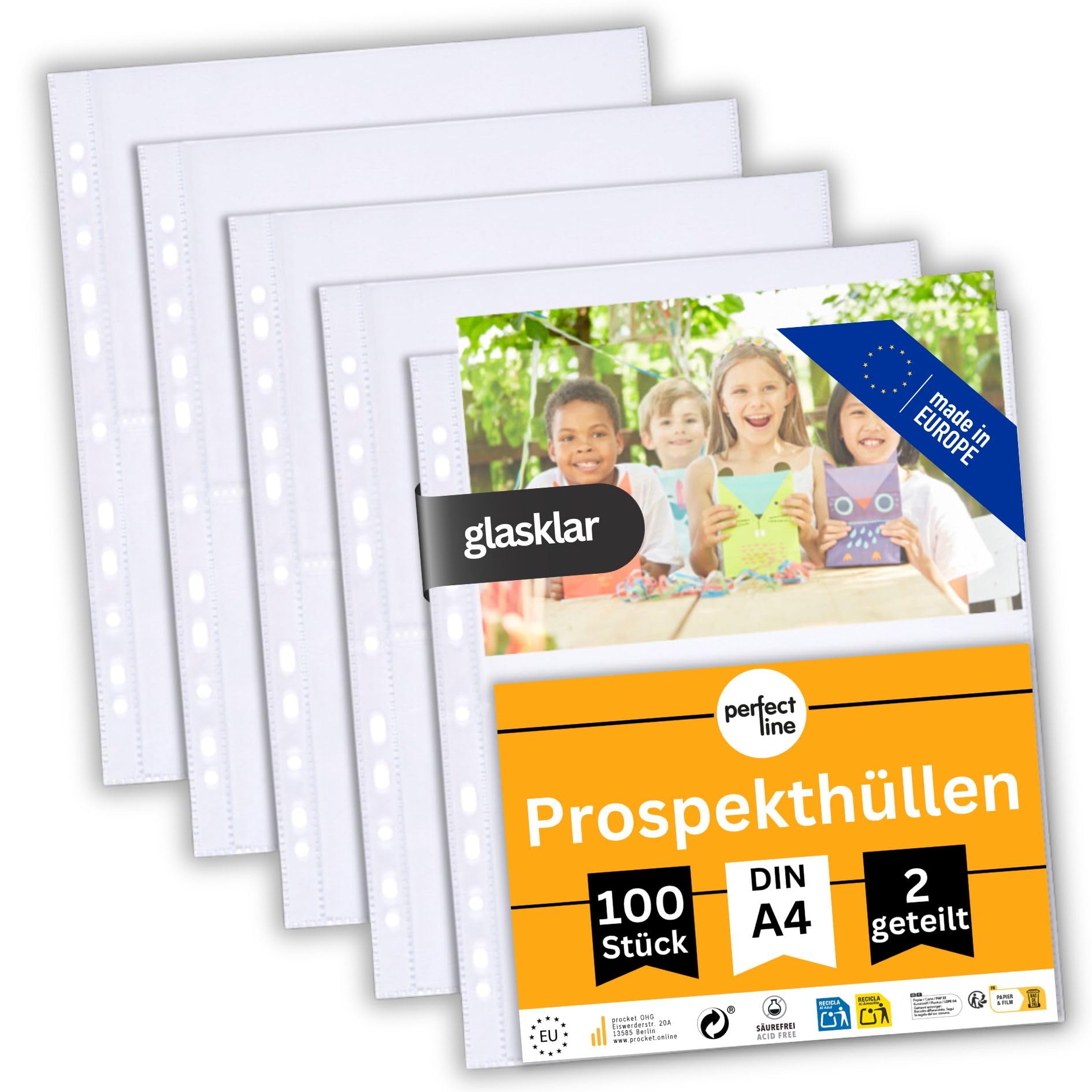 perfect line 100 Transparent A4 Segmented folders, Clear Punched Pockets Divided into 2 Segments (A5 lengthwise), colourless Sheets with Insertion on top Side