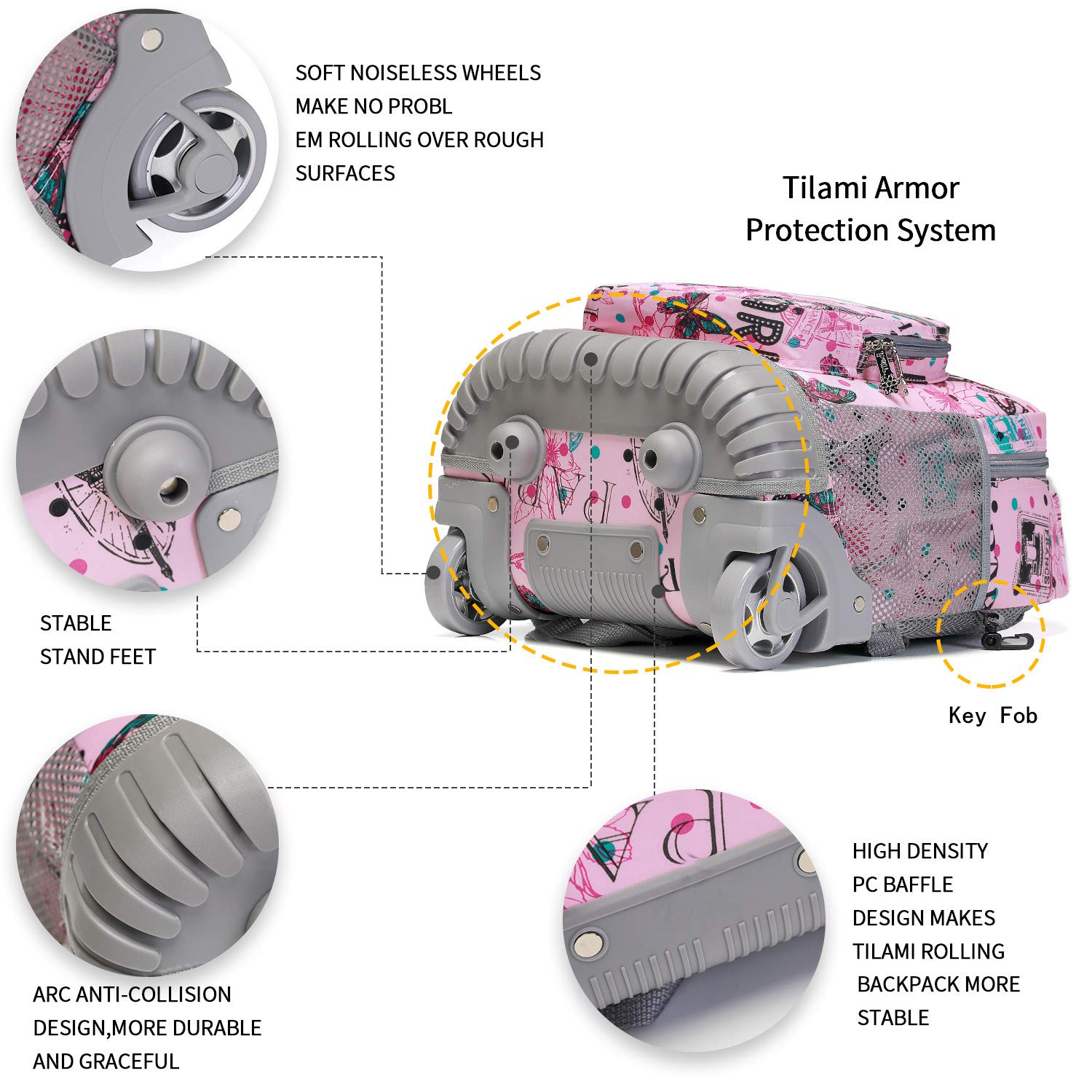 Tilami Rolling Backpack 16 Inch School College Travel Carry-on Backpack Boys Girls, Travel