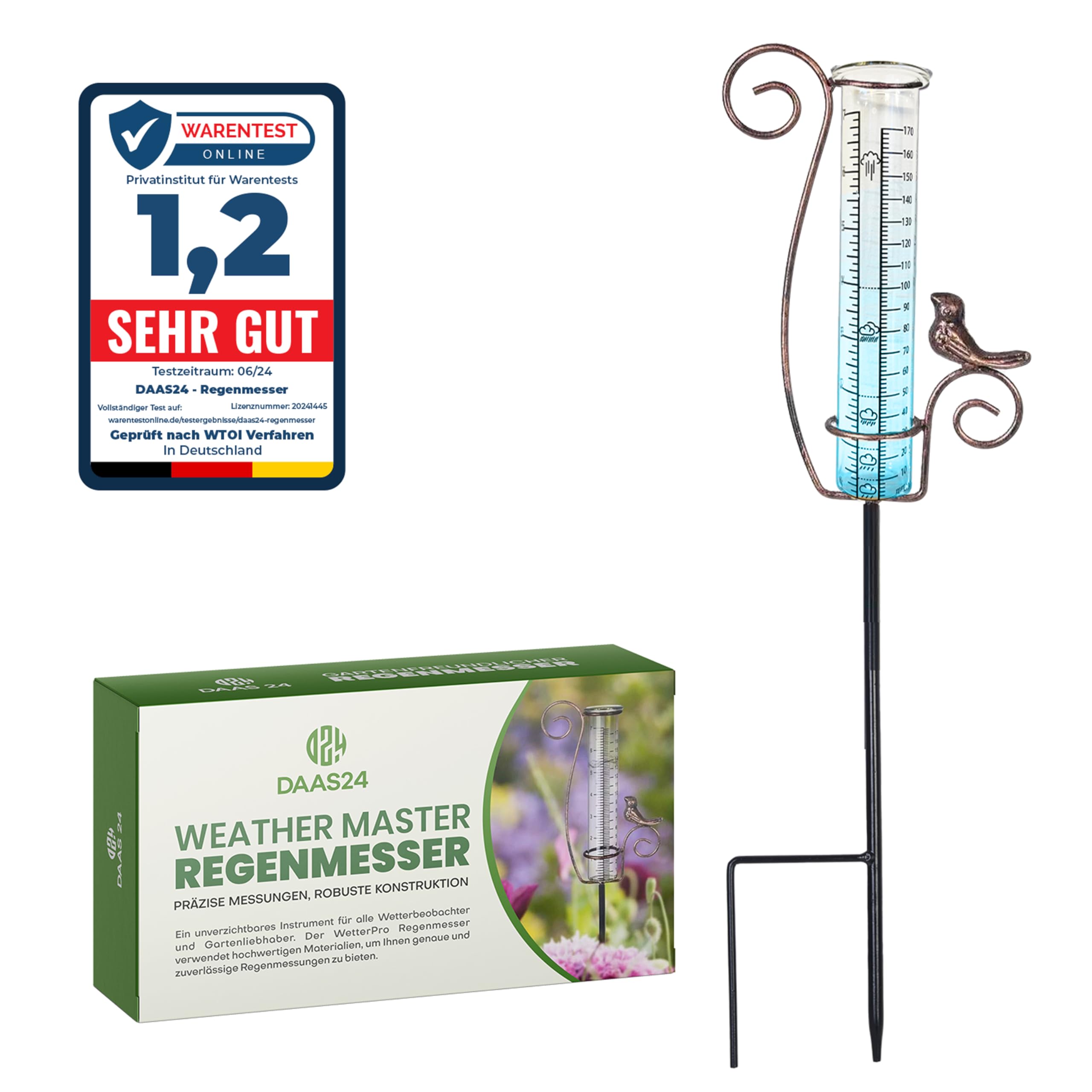 DASS24 Rain Gauge - Rain Gauge for Garden - Frost-proof Glass - Rainfall Meter - Flexible Placement - Garden Decoration