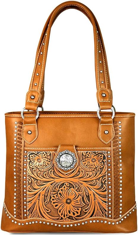Amazon.com: Trinity Ranch Medium Tote w/Tooled Leather Front Pocket