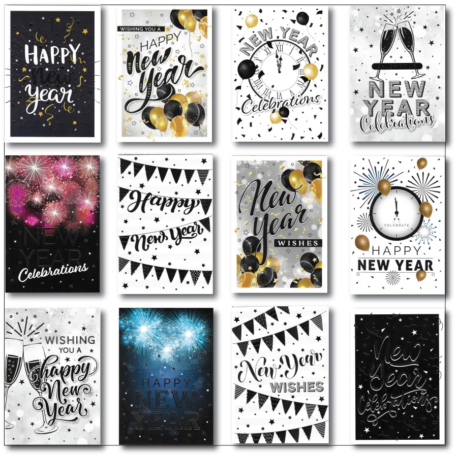 Pack of 12 Various New Year Greeting Cards & Envelopes. Individually Wrapped