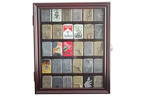 DISPLAYGIFTS 30 Lighters Display Case Wall Cabinet Compatible with Zippo Lighters Military Sport Collectible Match Book Mahogany Finish