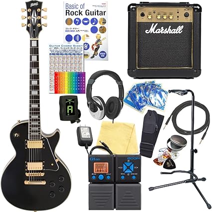 Amazon エレキギター 初心者 レスポールカスタムタイプ Blitz Blp Cst Bk マーシャルアンプ付18点セット Zoom G1on マルチエフェクター付 エレキギターセット 楽器