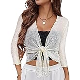 Women Crop Cardigan Sheer Mesh Bolero Shrug for Dress Tie Front 3/4 Sleeve Tops