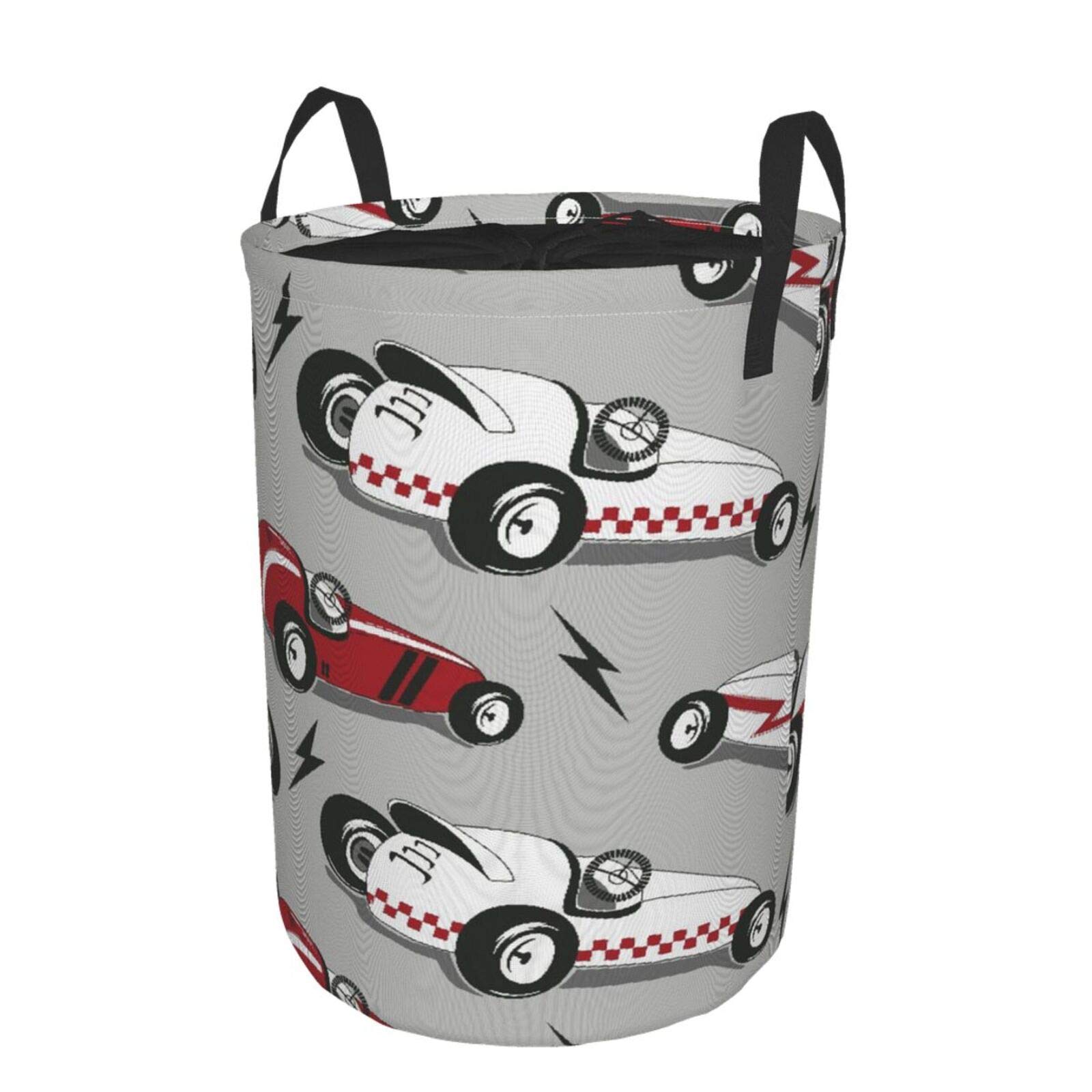 Janrely Personalized Large Washing Clothes Hamper for Household,Vintage Race Cars,Round Folding Laun
