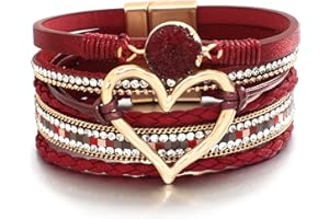 hotoo Leather Wrap Bracelet for Women Beaded Cuff Bracelet with Heart-shape Decor Bohemian Crystal Bracelet Jewelry with Clasp Bangle Bracelet for Women Girls Birthday Holiday Gift