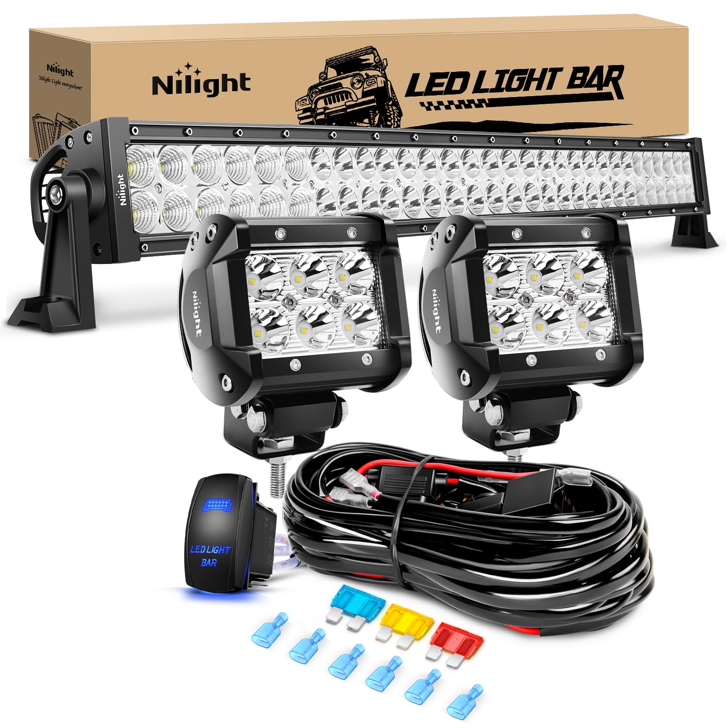 Nilight 33Inch LED Light Bar 2Pcs 4Inch 60W Spot Flood Lights Pods Off Road DrivingWork Lighting with 14AWG Wiring Harness Kit-3 Leads for Truck Tractor Pickup Boat SUV ATV UTV Car Van Camper