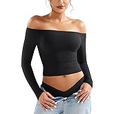 YEOREO Sophie Women Off Shoulder Long Sleeve Shirts Double Lined Basic Undershirt Y2K Going Out Tops